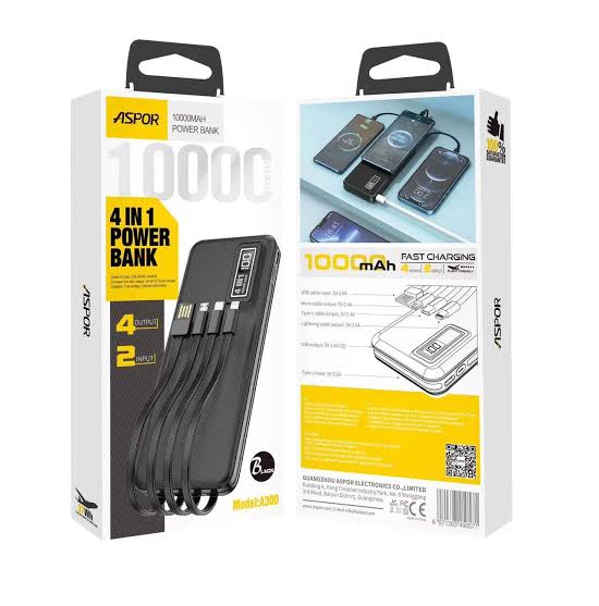 ASPOR A300 Built-in Cable 10000mAh Power Bank – 4 Cables
